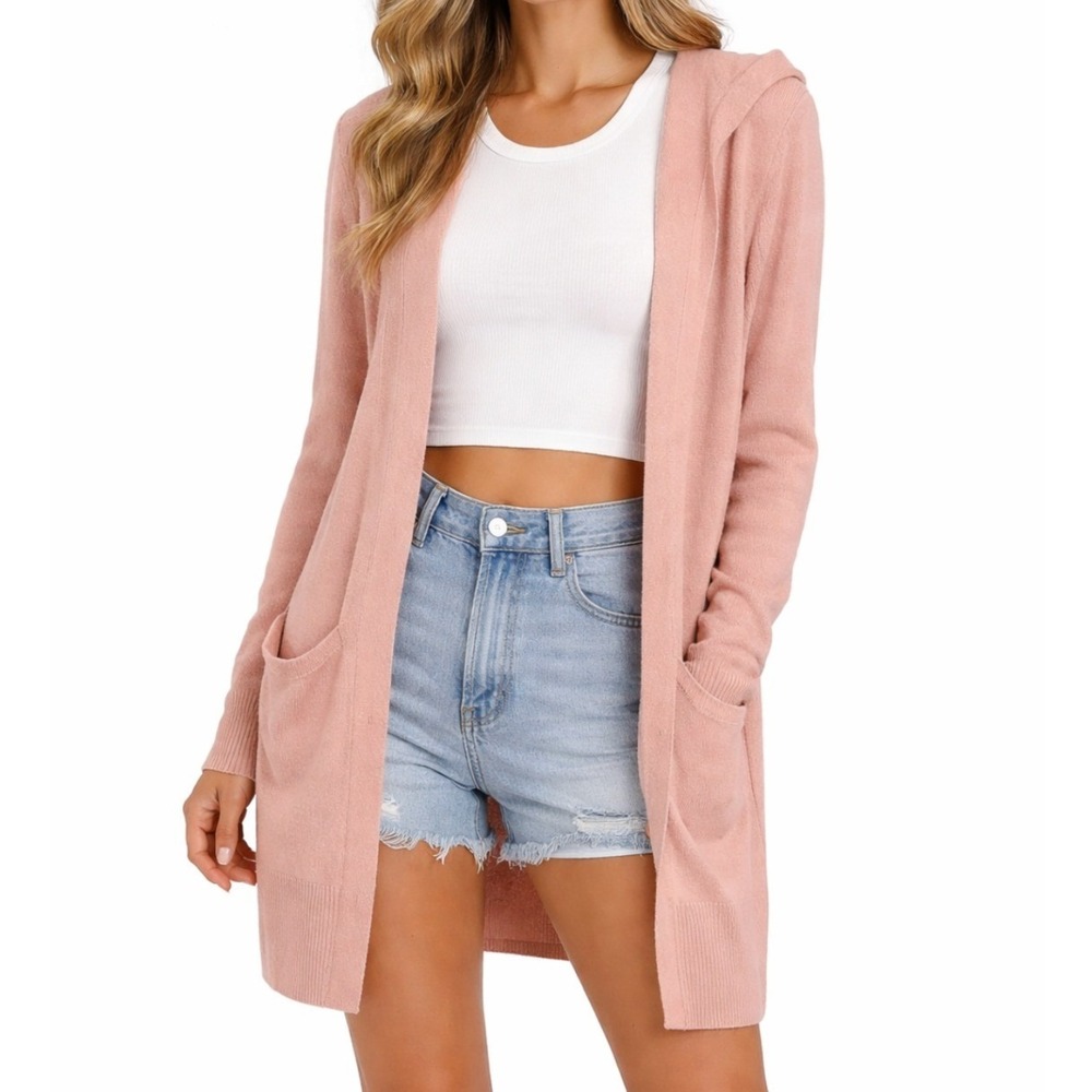Isabella Rodriguez NWT Pink Wool Blend Hooded Open Front Cardigan Womens Size M‎
